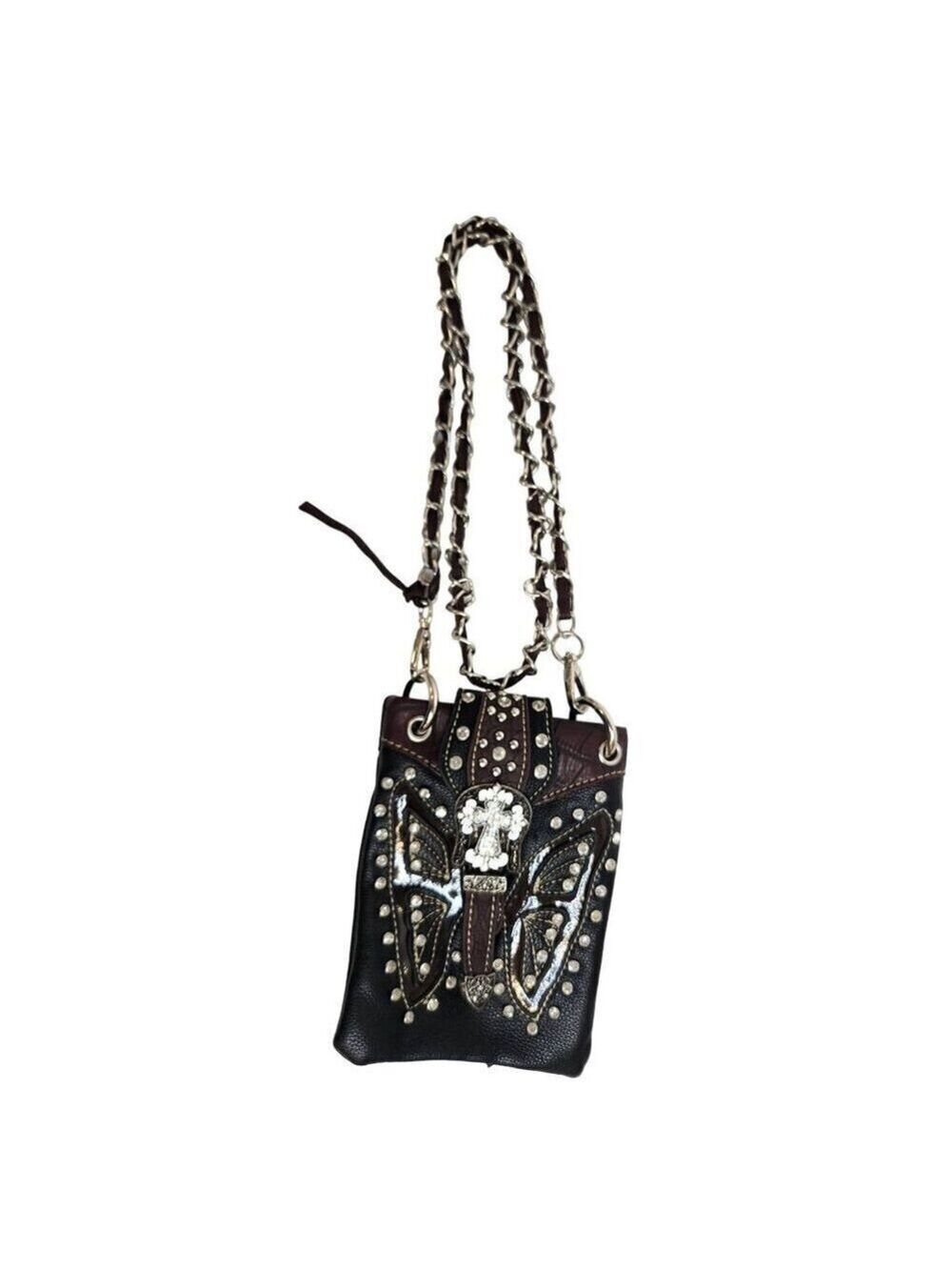 Western Style Black & Brown Butterfly Rhinestone Crossbody Bag With Chain Strap